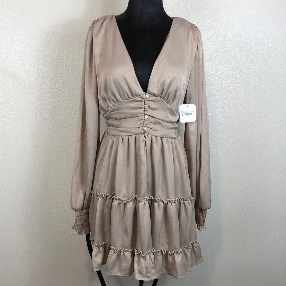 NEW Altar’d State Mini Dress Champagne Long Sleeve Tiered Ruffle Hem Size Medium